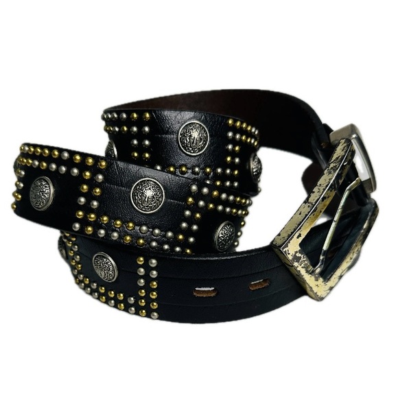Vintage Code Azure Medusa & Grecca Studded Black Genuine Leather Belt size 38 - Picture 2 of 8